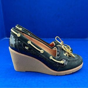 Women’s Size 8 Sperry Top Sider Goldfish Wedge Shoes in Black Slip On